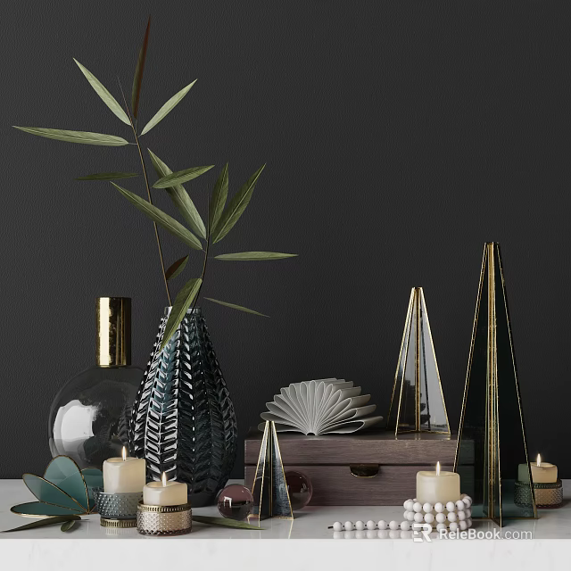 Ornamental Decor Set With Leafy Plant Textured Vase Shell Geometric Pyramids Wooden Tray And Candles 3d model 