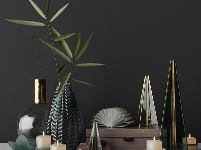 Ornamental Decor Set With Leafy Plant Textured Vase Shell Geometric Pyramids Wooden Tray And Candles 3d model