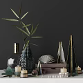 Ornamental Decor Set With Leafy Plant Textured Vase Shell Geometric Pyramids Wooden Tray And Candles