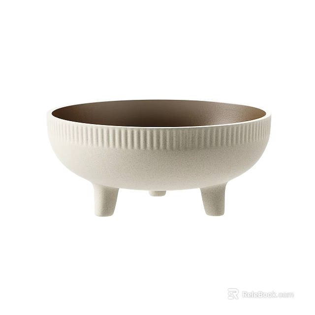Modern Beige Ceramic Bowl With Textured Rim Three Legged Base And Brown Interior 3d model 