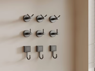 Black Wall Hooks With Different Designs Mounted On Light Beige Wall And Window Blinds 3d model