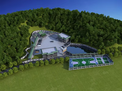 Nestled in Lush Green Forest Visitor Center With Parking Area Pond and Modern Architecture 3d model