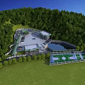 Nestled in Lush Green Forest Visitor Center With Parking Area Pond and Modern Architecture