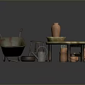Vintage Garden Tools And Furniture With Wheelbarrow Stool Clay Pot Watering Can And Wooden Table