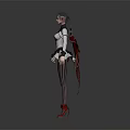Elven Fantasy Character in Red and White Outfit with Cloak Striped Stockings and High Heels