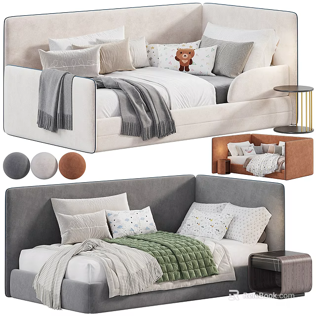 Double Bed With Color Options Plush Pillows Cozy Blankets And Modern Nightstand 3d model 