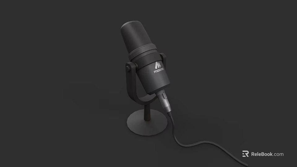 Professional Black Microphone With Adjustable Stand And Connected Cable On Dark Background 3d model 