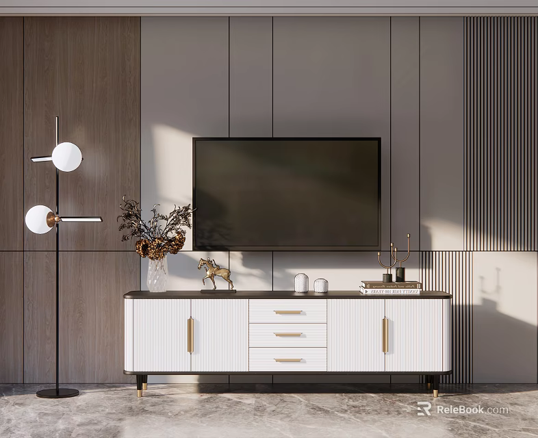 Modern White TV Stand With Gold Handles And Decorative Items On Top 3d model 