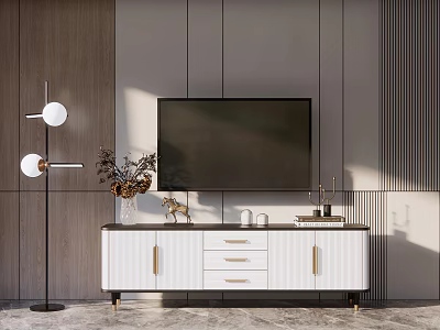 Modern White TV Stand With Gold Handles And Decorative Items On Top 3d model