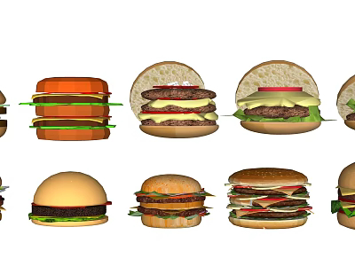 Assorted Delicious Looking Hamburgers Displayed In A Row With Various Styles And Toppings 3d model
