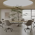 Modern Conference Room With Round Ceiling Light Long Table Gray Office Chairs And Green Plant