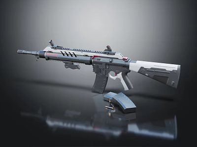Modern Tactical Rifle With Black White Design Scope And Magazine On Reflective Surface 3d model