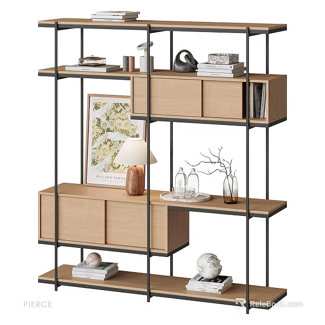 Modern Wooden Decorative Cabinet with Metal Frame Open Shelves Displaying Books Lamp Sculpture and Vase 3d model 