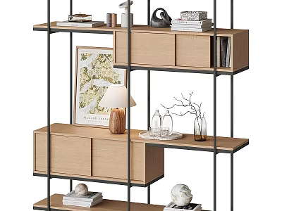 Modern Wooden Decorative Cabinet with Metal Frame Open Shelves Displaying Books Lamp Sculpture and Vase 3d model