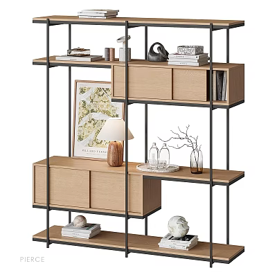 Modern Wooden Decorative Cabinet with Metal Frame Open Shelves Displaying Books Lamp Sculpture and Vase 3d model