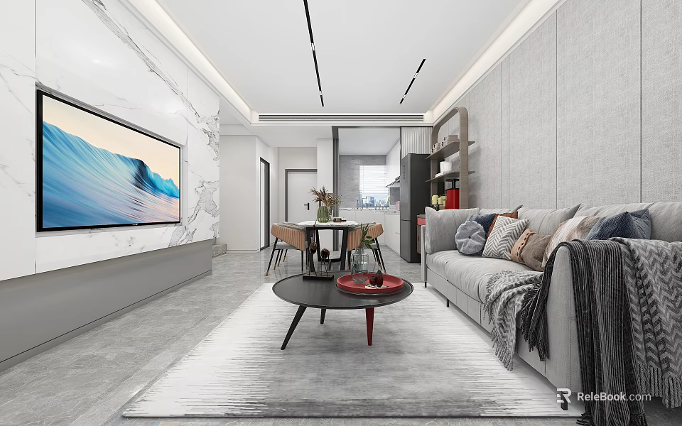 Modern Living Dining Room Interior With Gray Sofa Coffee Table TV And Dining Set 3d model 