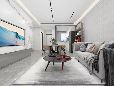 Modern Living Dining Room Interior With Gray Sofa Coffee Table TV And Dining Set 3d model
