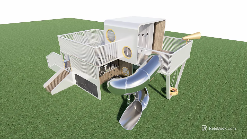 Modern Kids Playground Equipment with Slide Climbing Net and Wooden Elements on Grass 3d model 