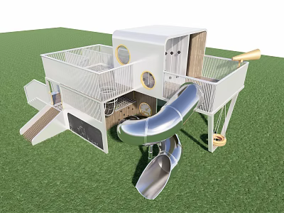 Modern Kids Playground Equipment with Slide Climbing Net and Wooden Elements on Grass 3d model