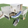 Modern Kids Playground Equipment with Slide Climbing Net and Wooden Elements on Grass