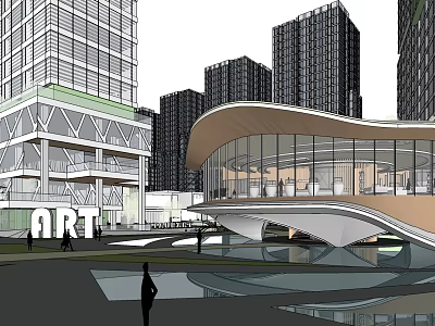 Modern Art Inspired Sales Office Building With Curved Design Glass Curtain Walls And Water Feature 3d model
