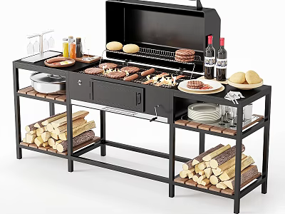 Outdoor BBQ Grill Setup With Burgers Sausages Wine Bottles And Wood Logs 3d model
