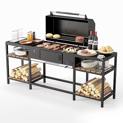 Outdoor BBQ Grill Setup With Burgers Sausages Wine Bottles And Wood Logs 3d model