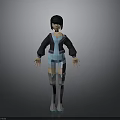 3D Anime Female Character Model With Black Hair Blue Outfit And Gray Boots