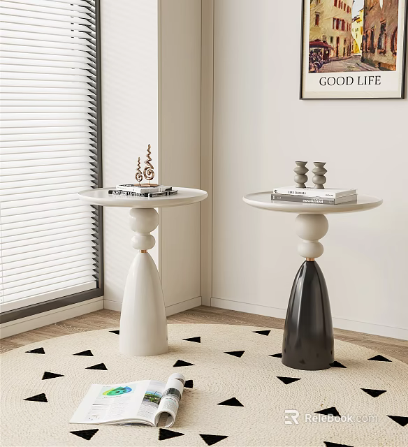 Modern White and Black Side Tables with Circular Tops Books Decorative Items Window Blinds Rug 3d model 