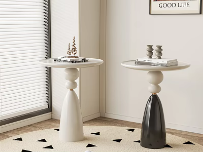 Modern White and Black Side Tables with Circular Tops Books Decorative Items Window Blinds Rug 3d model