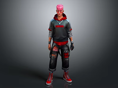 Man With Pink Hair Wearing Gray Hoodie Red Accented Black Ripped Pants Red Shoes Gloves 3d model