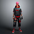 Man With Pink Hair Wearing Gray Hoodie Red Accented Black Ripped Pants Red Shoes Gloves