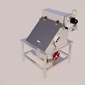 Stainless Steel Industrial Machine With Inclined Lid Control Panel And Red Components On Metal Stand