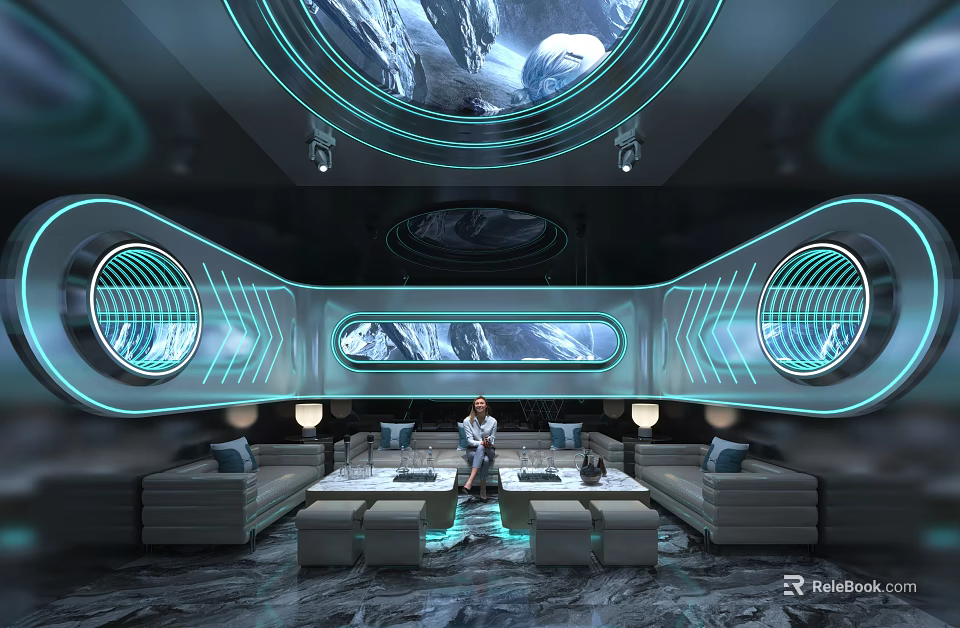 Modern Futuristic KTV Lounge Interior With Circular Windows Blue Lighting Comfortable Sofa And Marble Floor 3d model 