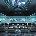Modern Futuristic KTV Lounge Interior With Circular Windows Blue Lighting Comfortable Sofa And Marble Floor