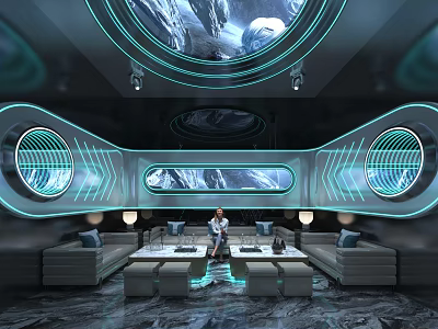 Modern Futuristic KTV Lounge Interior With Circular Windows Blue Lighting Comfortable Sofa And Marble Floor 3d model