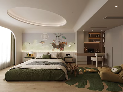 Cozy Kids Room Interior Design With Green Bed Circular Ceiling Light And Moon Spaceship Mural 3d model