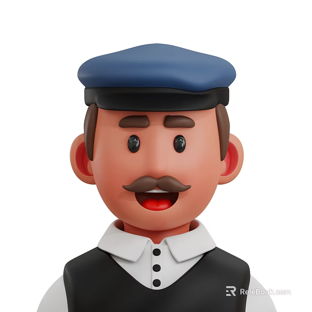 Cartoon Style Man With Blue Cap Mustache And Black Shirt White Collar Smiling Face 3d model 