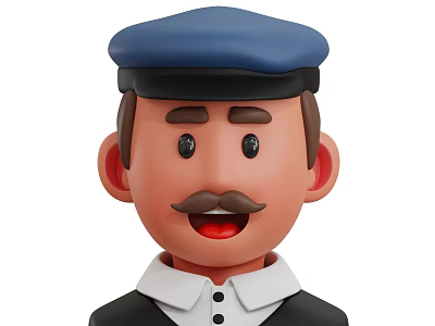Cartoon Style Man With Blue Cap Mustache And Black Shirt White Collar Smiling Face 3d model