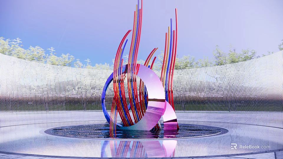 Colorful Curved Lines Circular Ring Outdoor Sculpture Carving in Water Pool with Reflection and Trees 3d model 