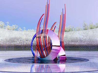 Colorful Curved Lines Circular Ring Outdoor Sculpture Carving in Water Pool with Reflection and Trees 3d model