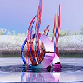 Colorful Curved Lines Circular Ring Outdoor Sculpture Carving in Water Pool with Reflection and Trees