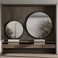 Wooden Vanity with Two Round Mirrors with Light Strips and Marble Countertop on Textured Wall