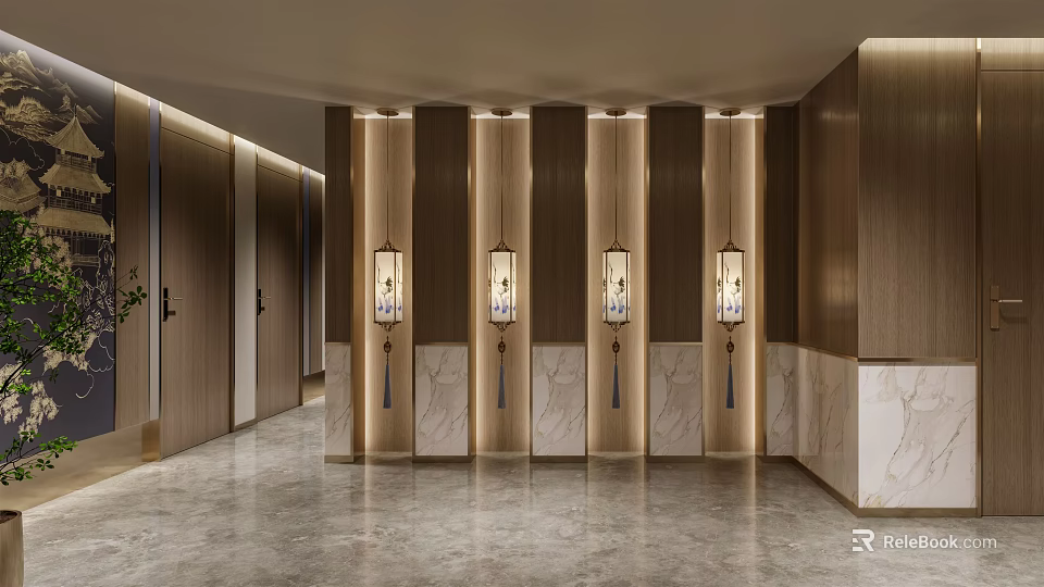 Luxurious Hotel Corridor With Wooden Panels Marble Walls And Elegant Lighting Fixtures 3d model 