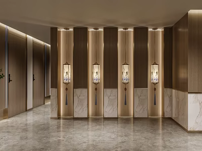 Luxurious Hotel Corridor With Wooden Panels Marble Walls And Elegant Lighting Fixtures 3d model