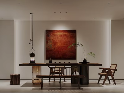 Traditional Tea Room Interior With Wooden Table Chairs Red Painting Hanging Lamp And Green Plant 3d model