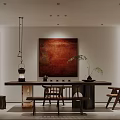 Traditional Tea Room Interior With Wooden Table Chairs Red Painting Hanging Lamp And Green Plant