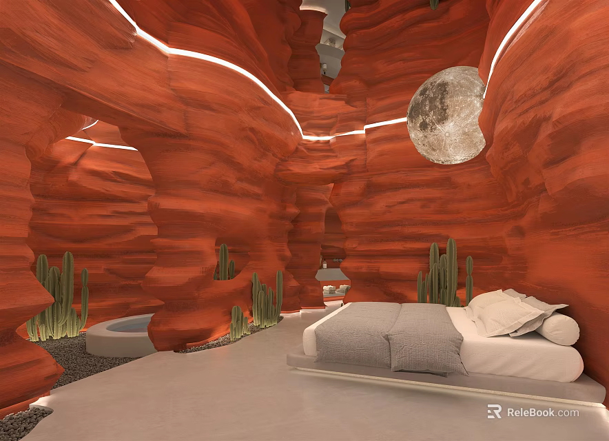 Unique Rock Cave Bedroom With Red Walls Illuminated Lines Moon Decoration Cacti And Bathtub 3d model 