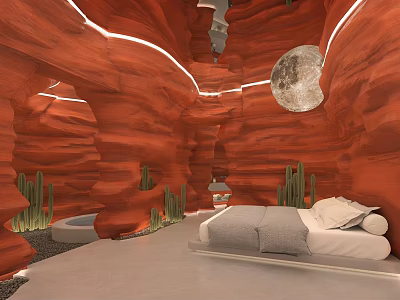 Unique Rock Cave Bedroom With Red Walls Illuminated Lines Moon Decoration Cacti And Bathtub 3d model