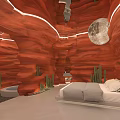 Unique Rock Cave Bedroom With Red Walls Illuminated Lines Moon Decoration Cacti And Bathtub